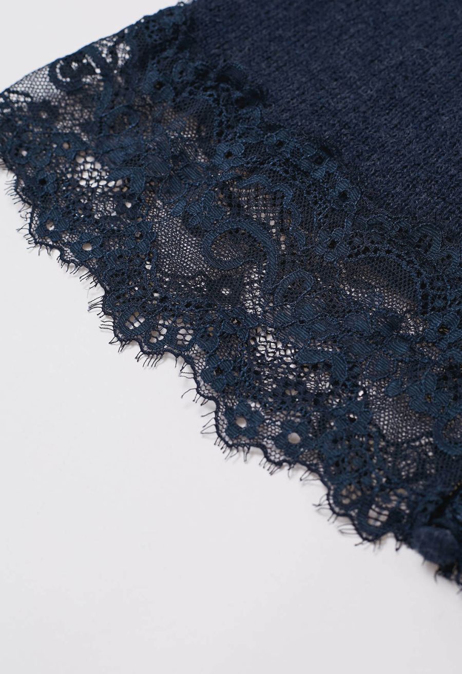 Off-Shoulder Lace Trim Button Knit Top in Navy