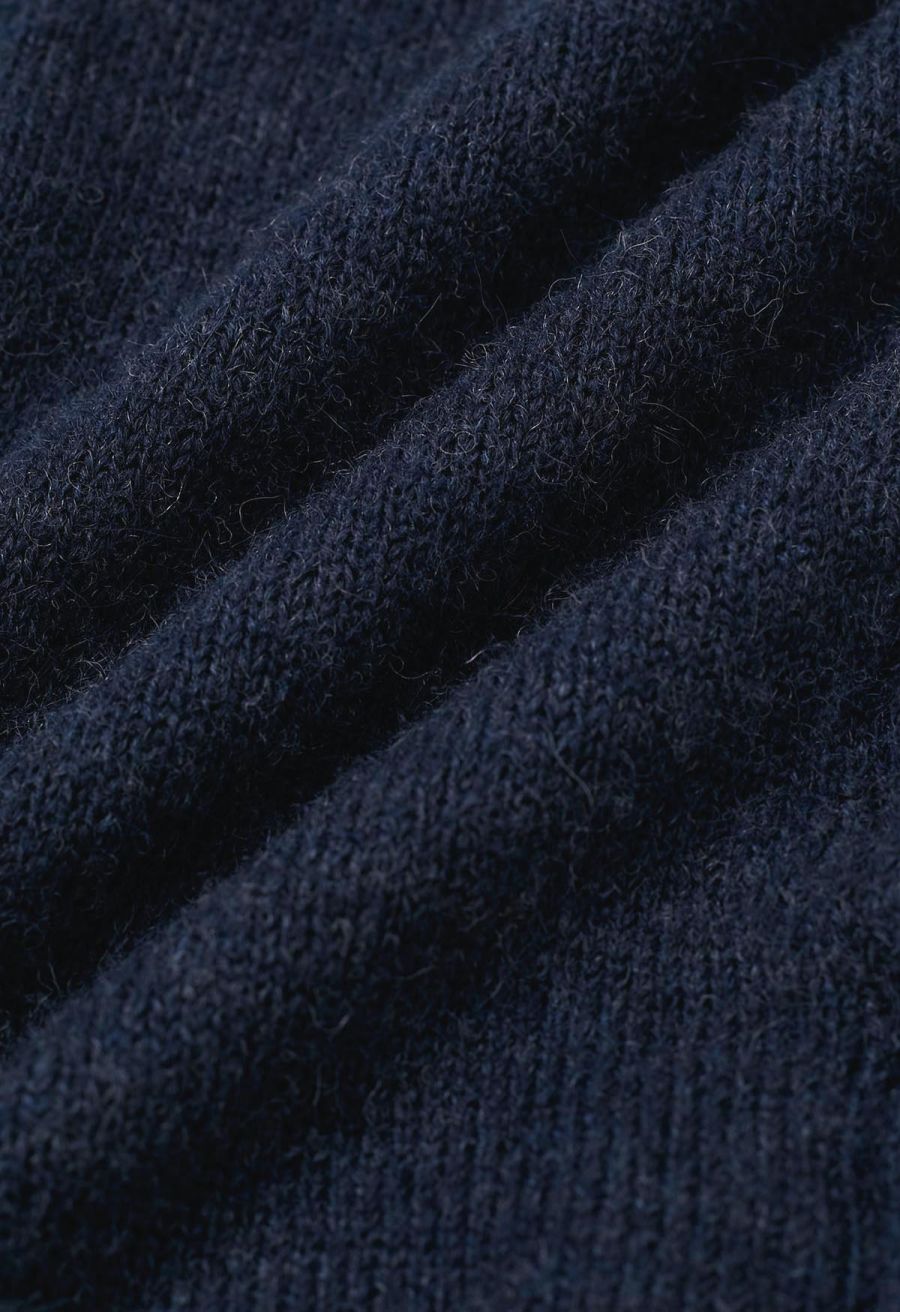 Off-Shoulder Lace Trim Button Knit Top in Navy