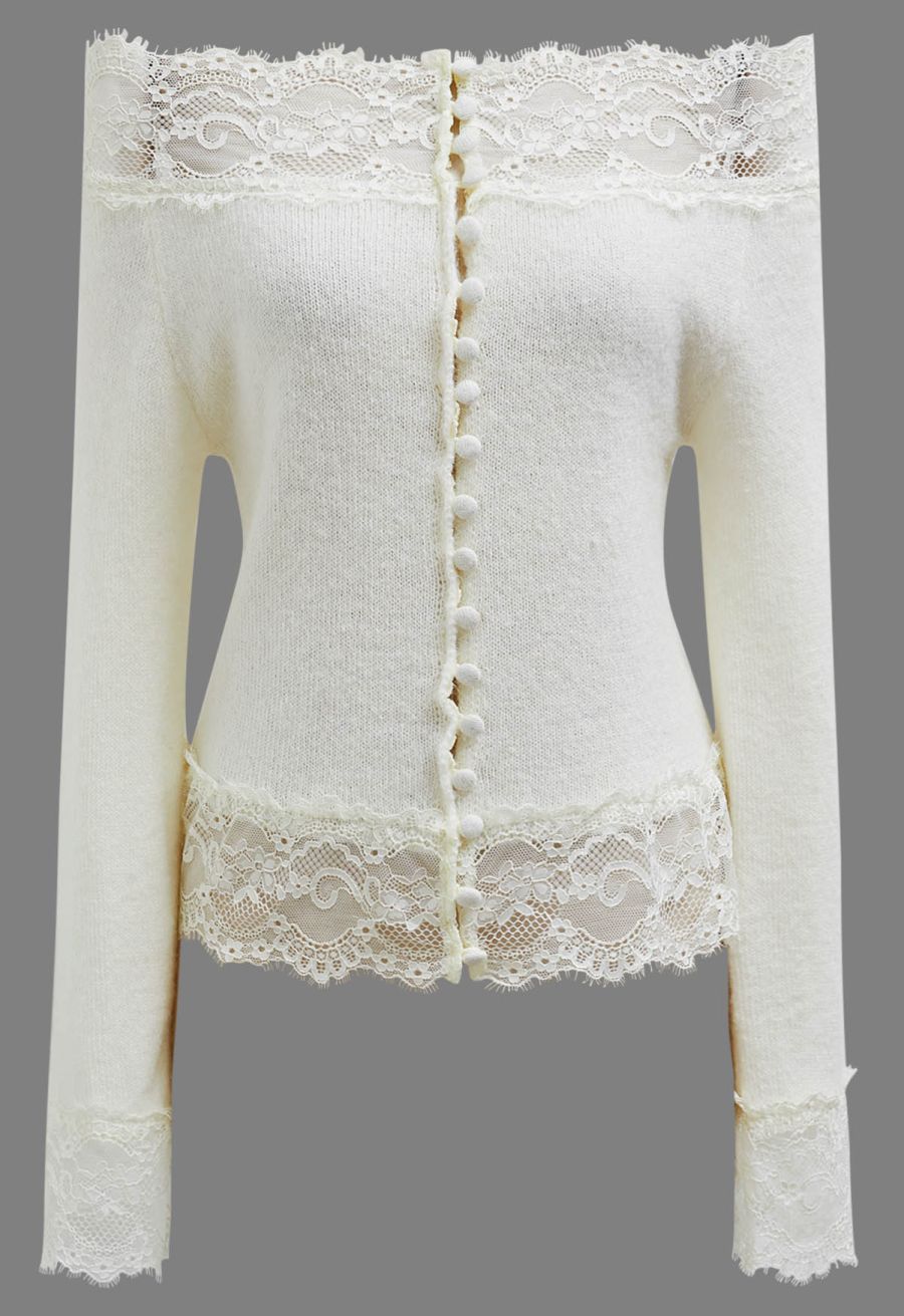 Off-Shoulder Lace Trim Button Knit Top in Cream