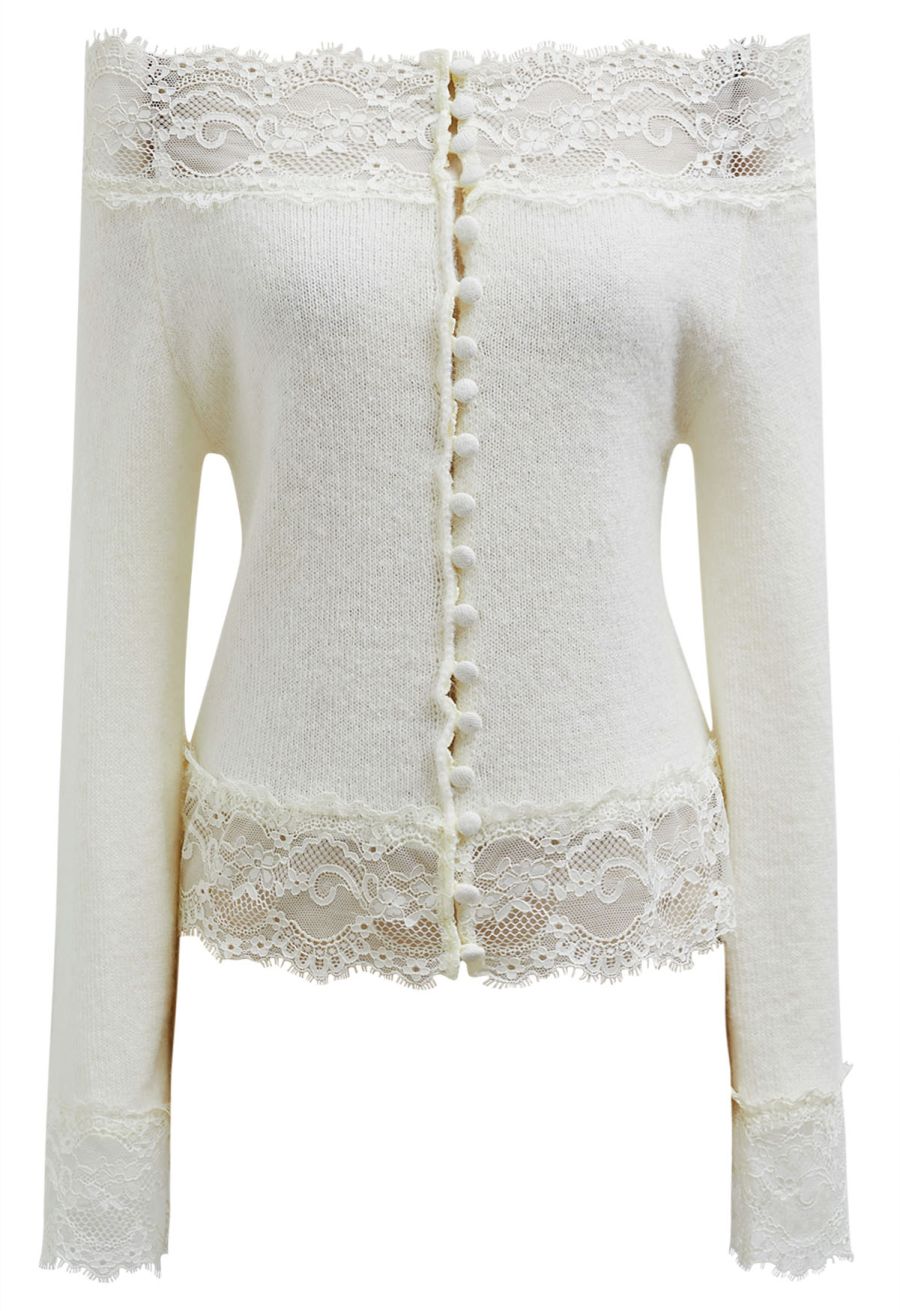 Off-Shoulder Lace Trim Button Knit Top in Cream