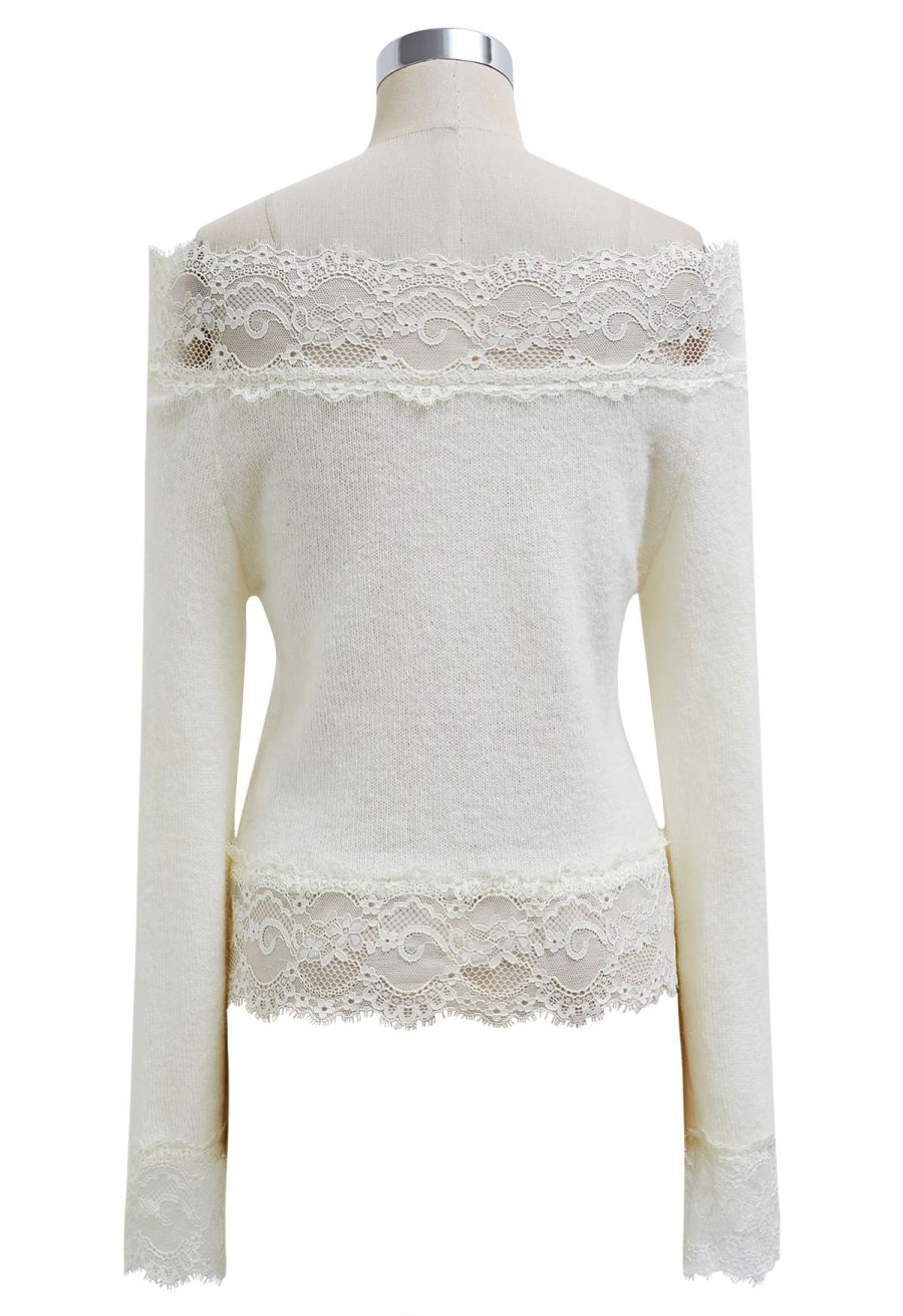Off-Shoulder Lace Trim Button Knit Top in Cream