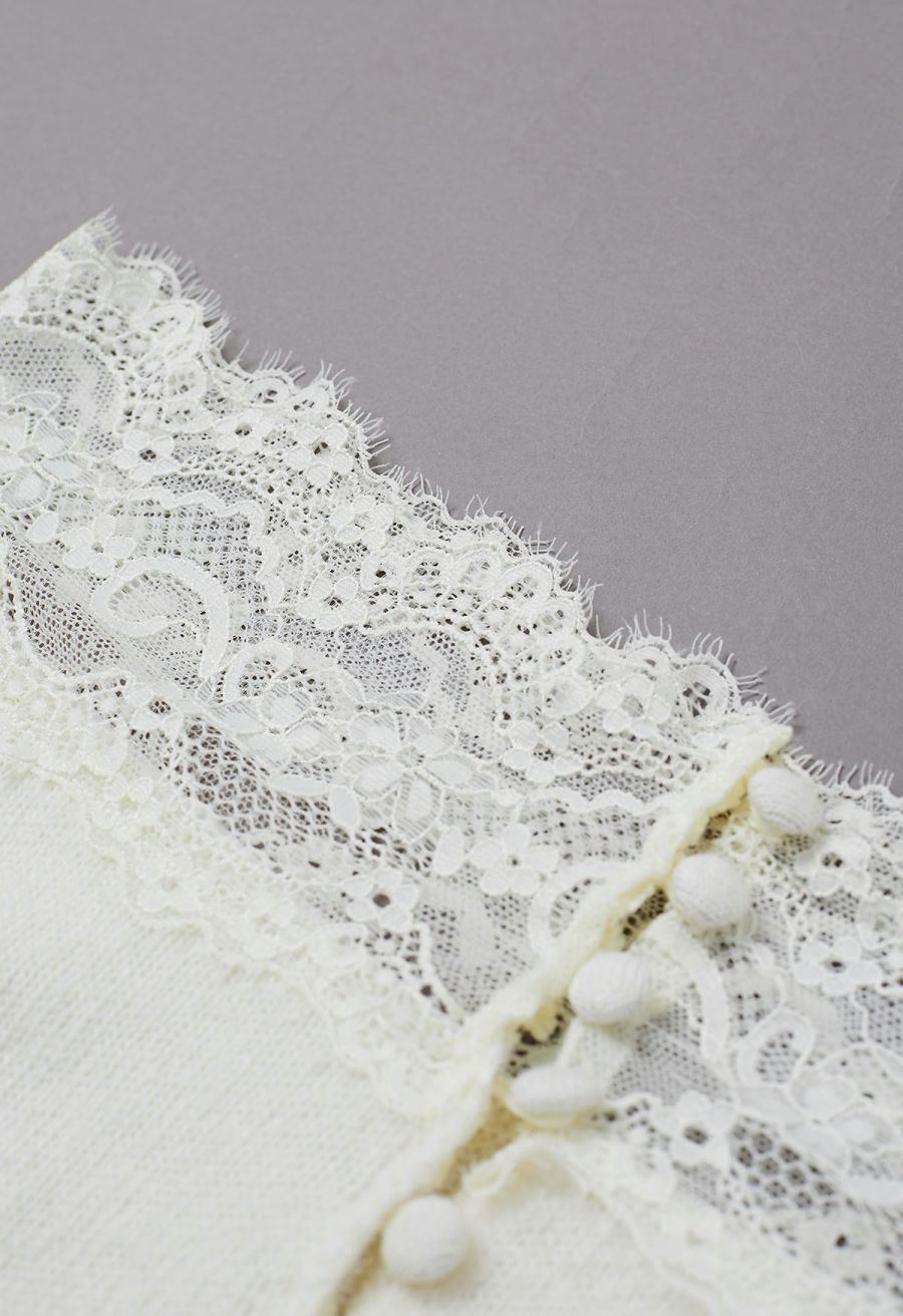 Off-Shoulder Lace Trim Button Knit Top in Cream