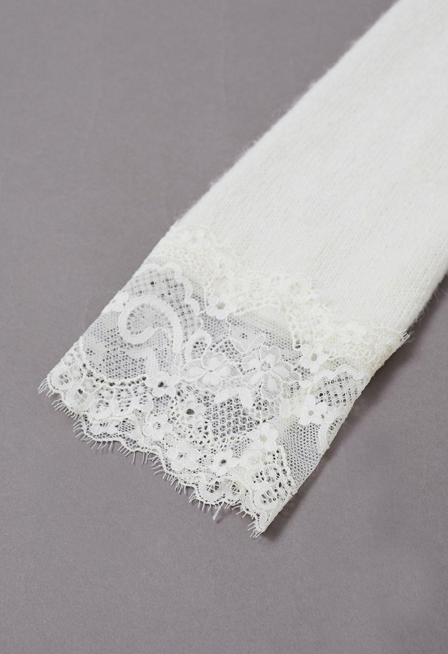 Off-Shoulder Lace Trim Button Knit Top in Cream
