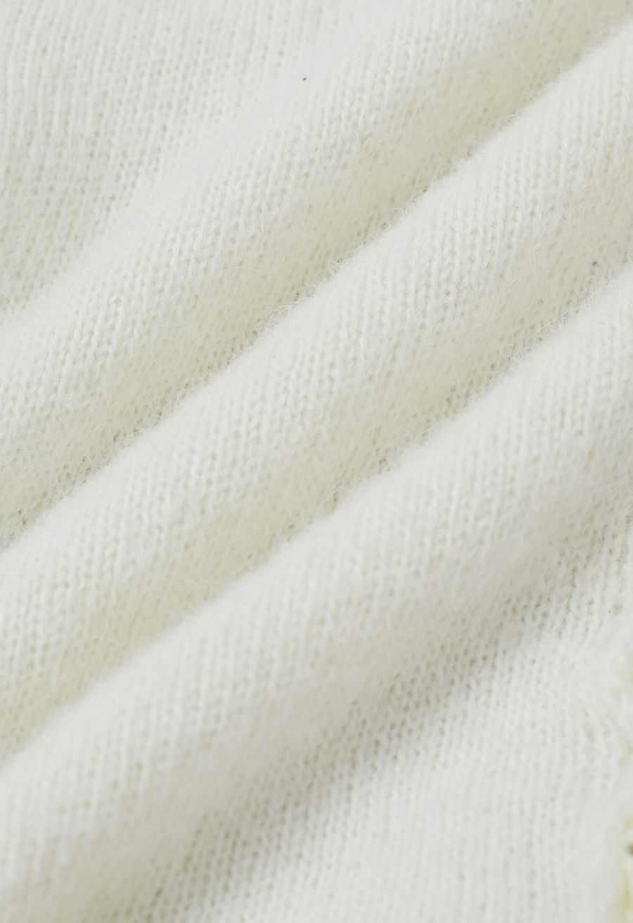 Off-Shoulder Lace Trim Button Knit Top in Cream