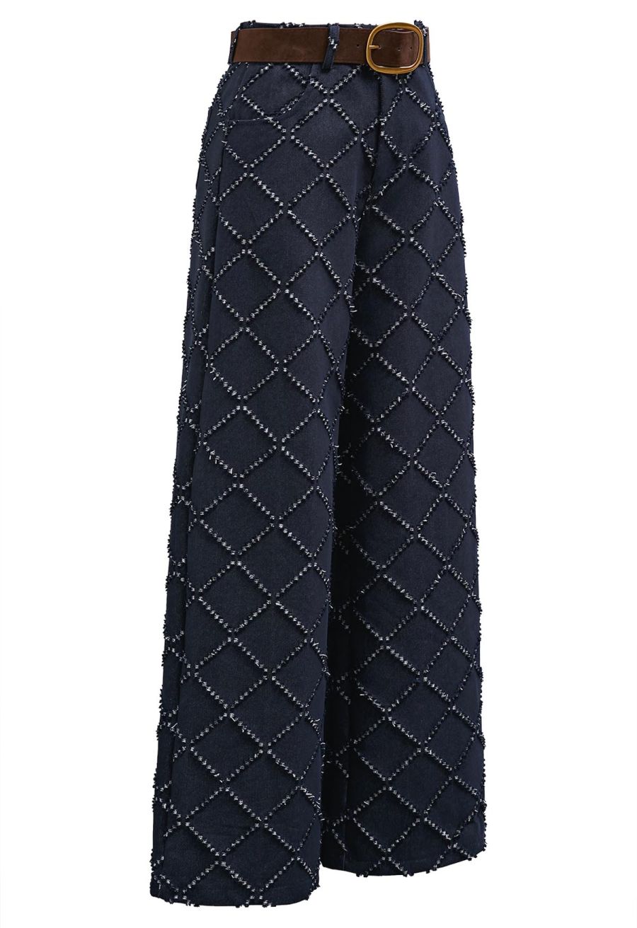 Fringed Grid Belted Straight-Leg Jeans in Navy