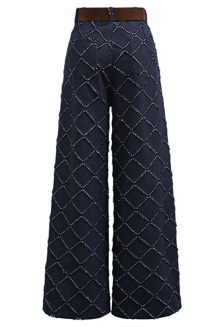 Fringed Grid Belted Straight-Leg Jeans in Navy