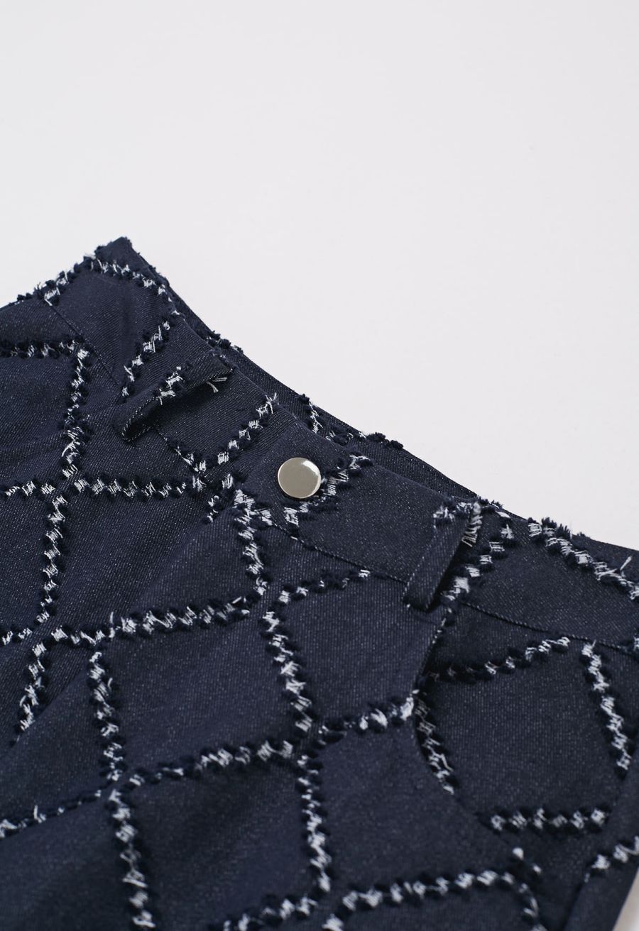 Fringed Grid Belted Straight-Leg Jeans in Navy