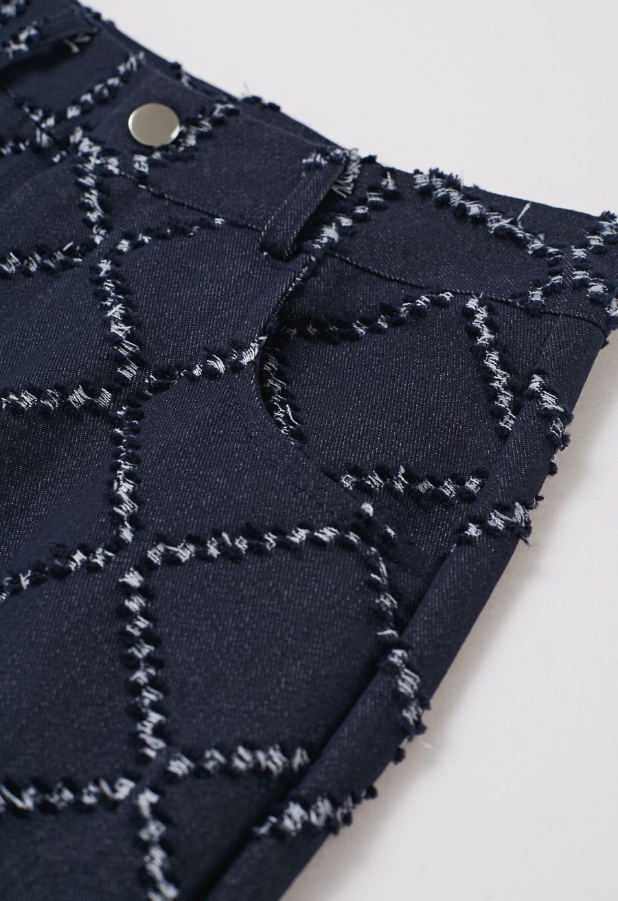 Fringed Grid Belted Straight-Leg Jeans in Navy