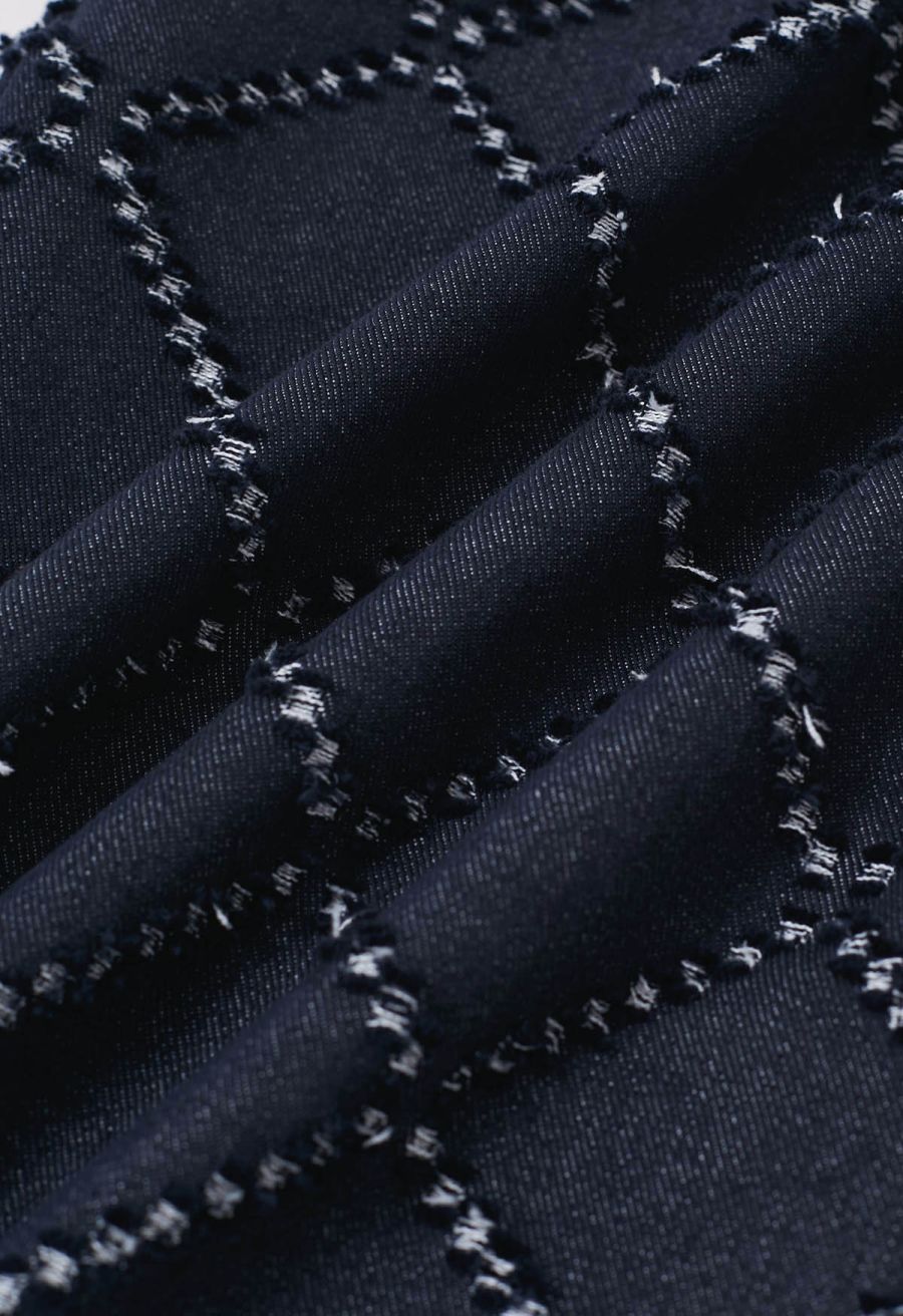 Fringed Grid Belted Straight-Leg Jeans in Navy