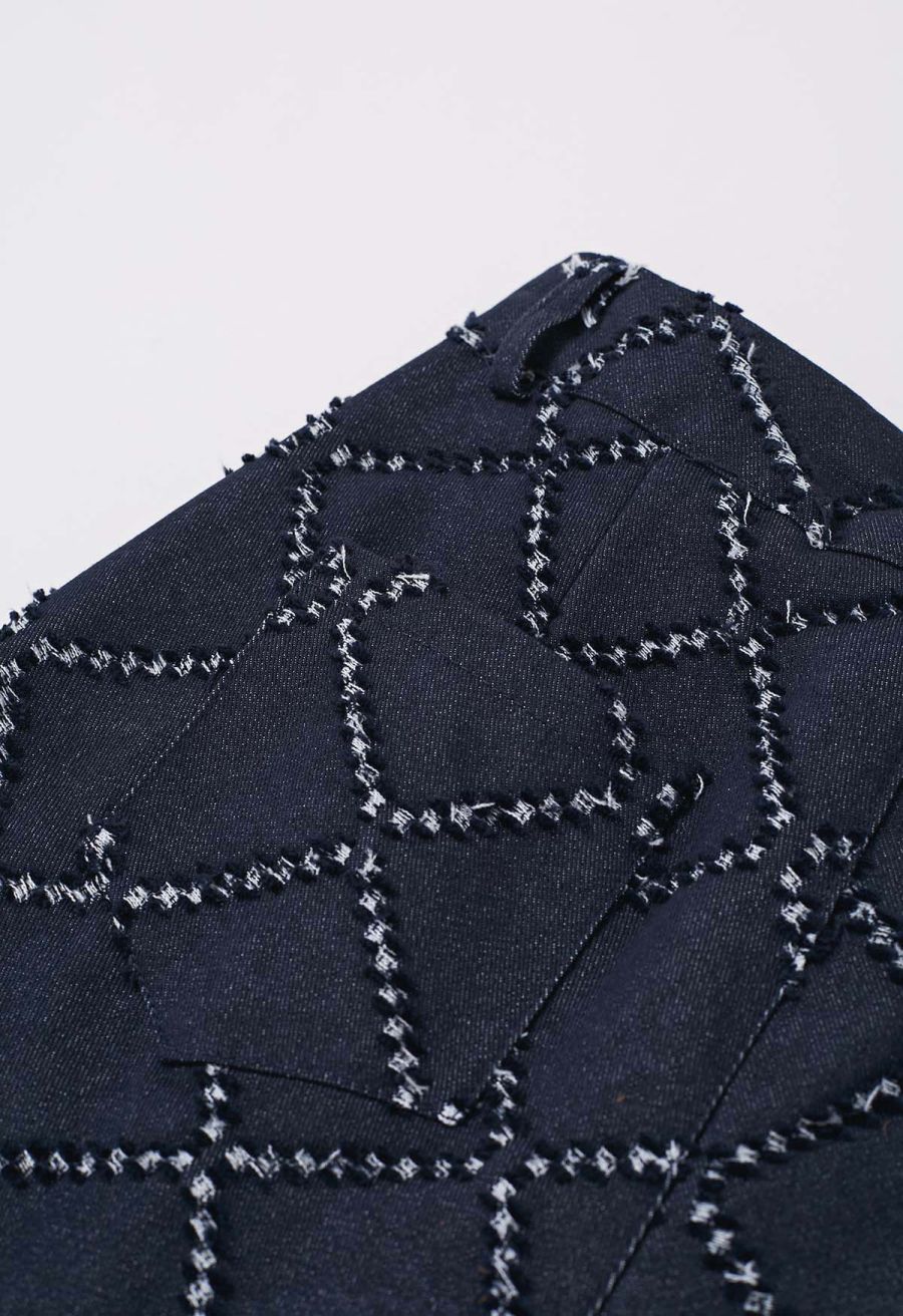 Fringed Grid Belted Straight-Leg Jeans in Navy