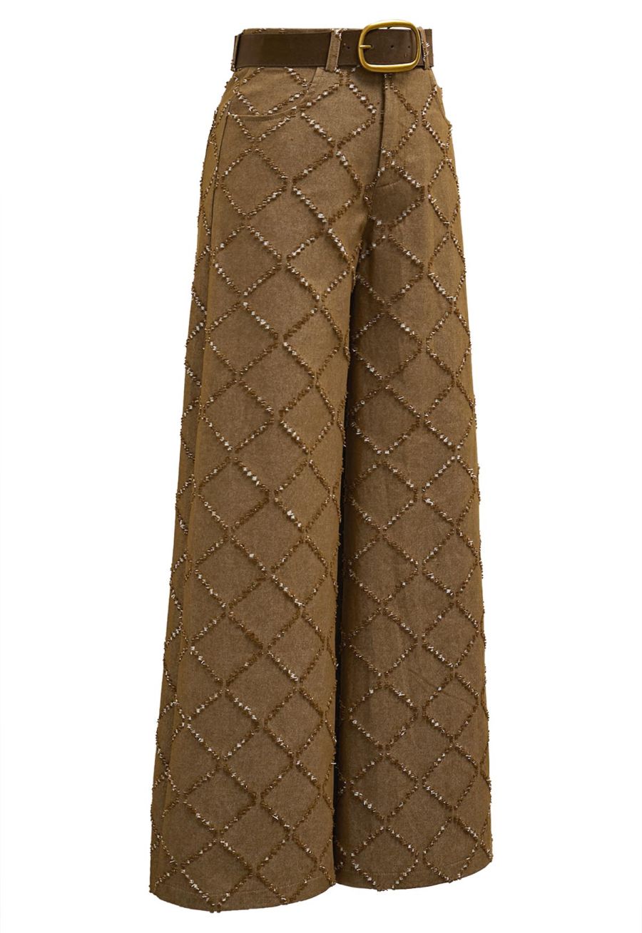 Fringed Grid Belted Straight-Leg Jeans in Tan
