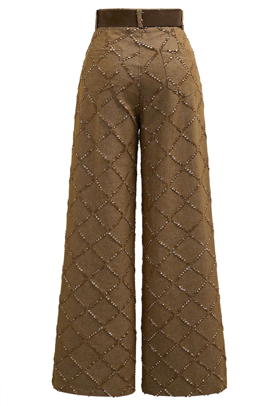 Fringed Grid Belted Straight-Leg Jeans in Tan