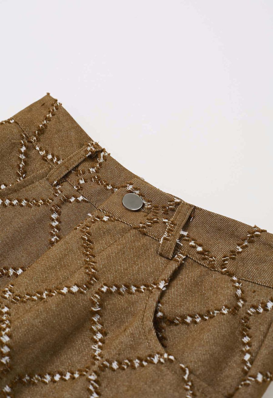 Fringed Grid Belted Straight-Leg Jeans in Tan