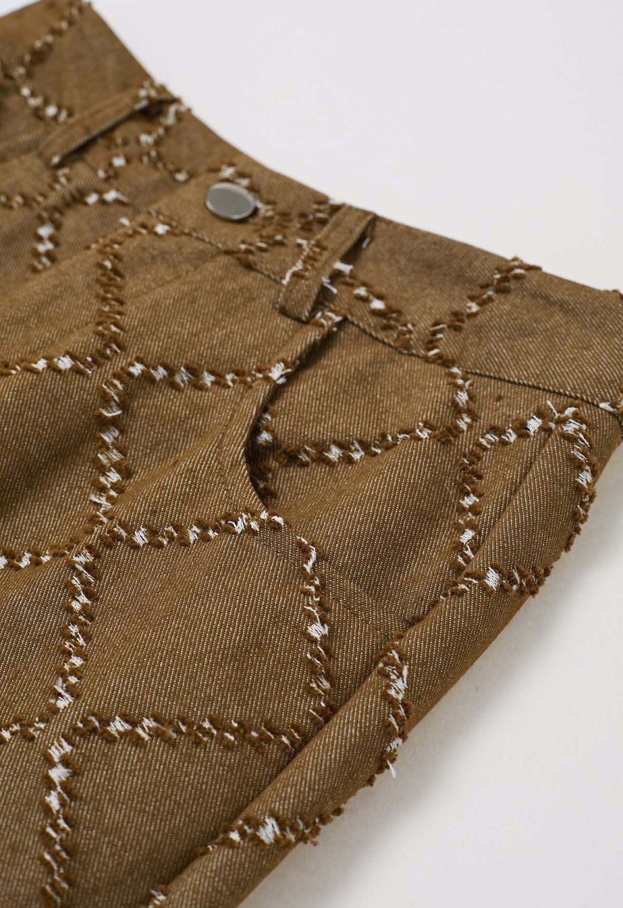 Fringed Grid Belted Straight-Leg Jeans in Tan