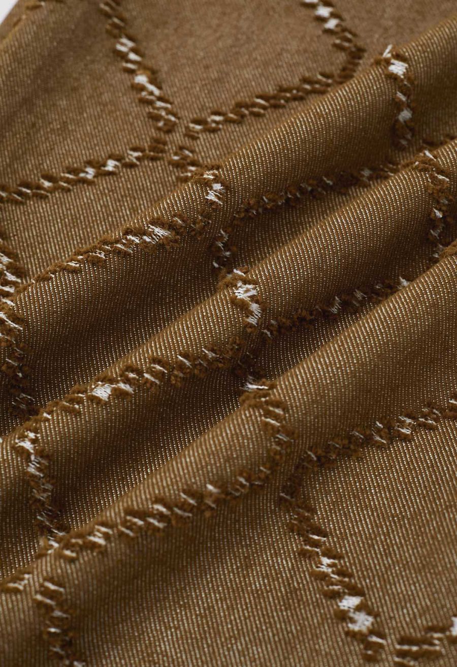 Fringed Grid Belted Straight-Leg Jeans in Tan