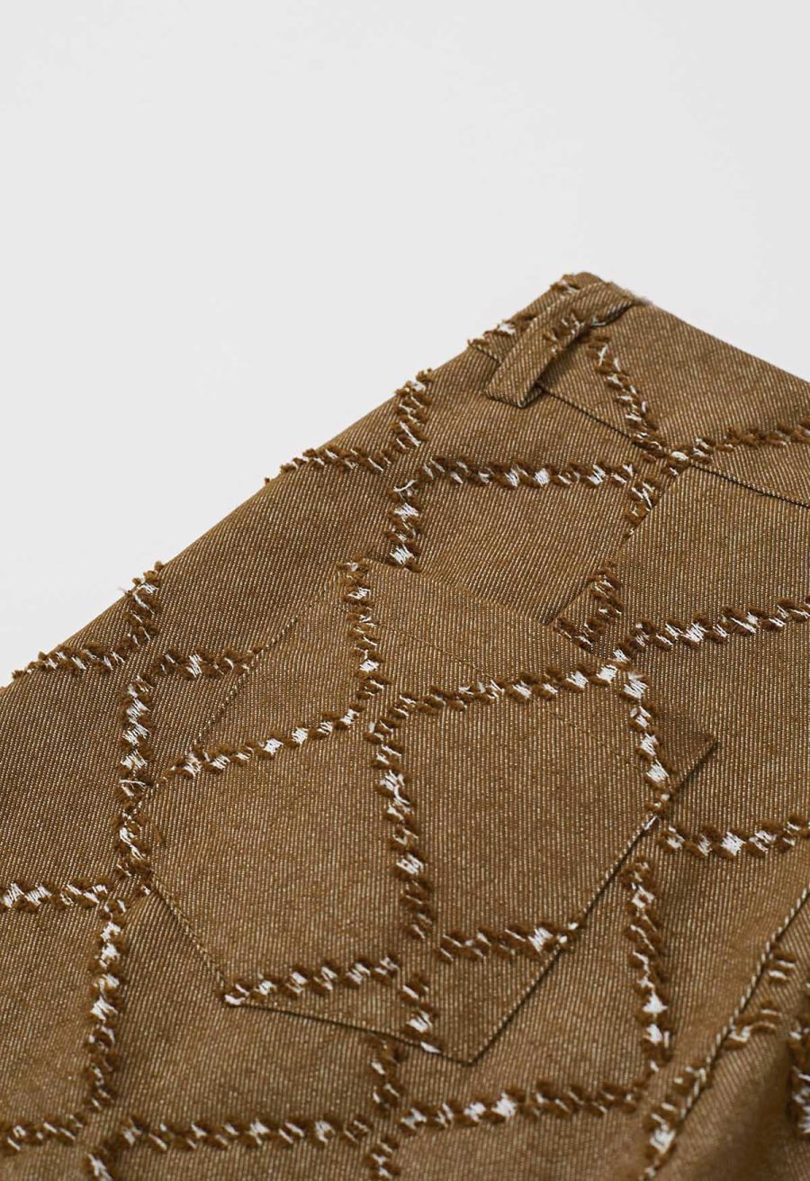 Fringed Grid Belted Straight-Leg Jeans in Tan