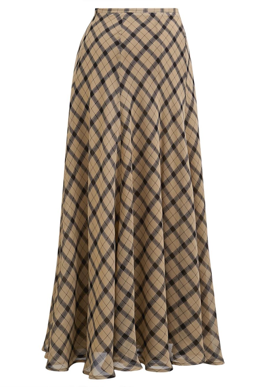 Flowy Plaid Panel Chiffon Flare Maxi Skirt in Tan