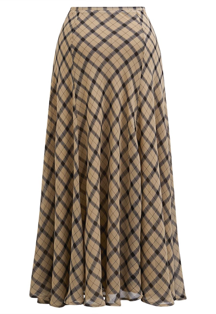 Flowy Plaid Panel Chiffon Flare Maxi Skirt in Tan