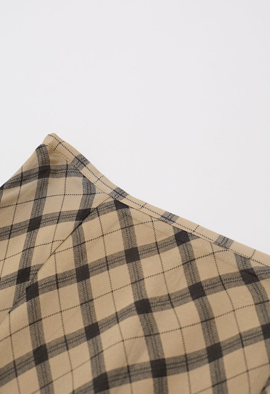 Flowy Plaid Panel Chiffon Flare Maxi Skirt in Tan