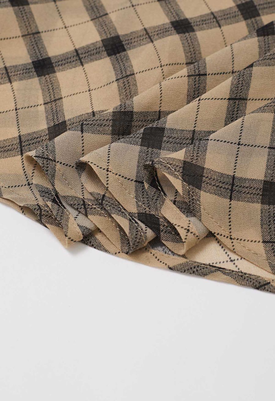 Flowy Plaid Panel Chiffon Flare Maxi Skirt in Tan