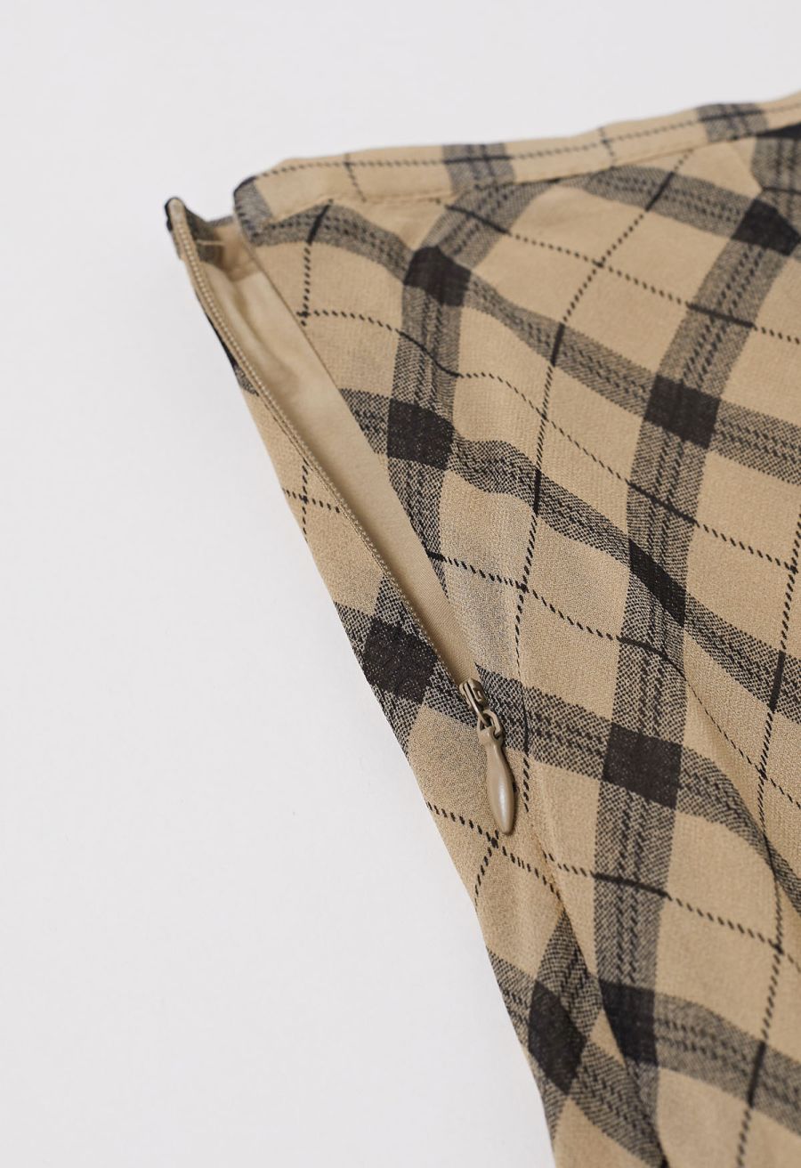 Flowy Plaid Panel Chiffon Flare Maxi Skirt in Tan