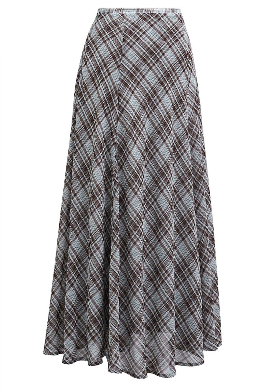 Flowy Plaid Panel Chiffon Flare Maxi Skirt in Blue