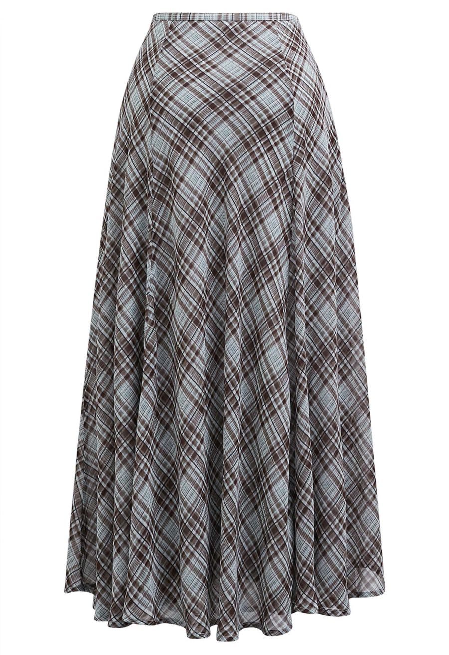 Flowy Plaid Panel Chiffon Flare Maxi Skirt in Blue