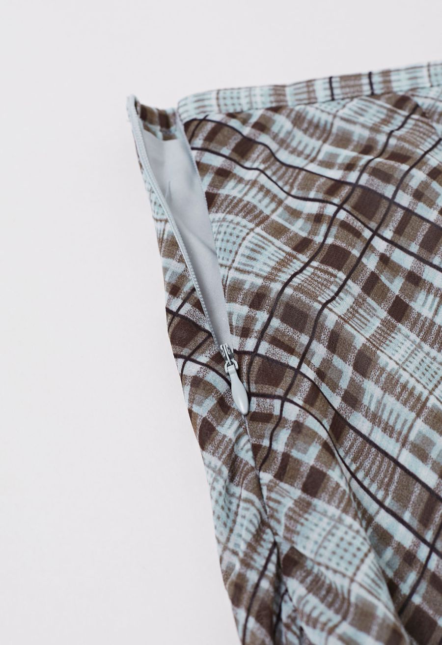 Flowy Plaid Panel Chiffon Flare Maxi Skirt in Blue