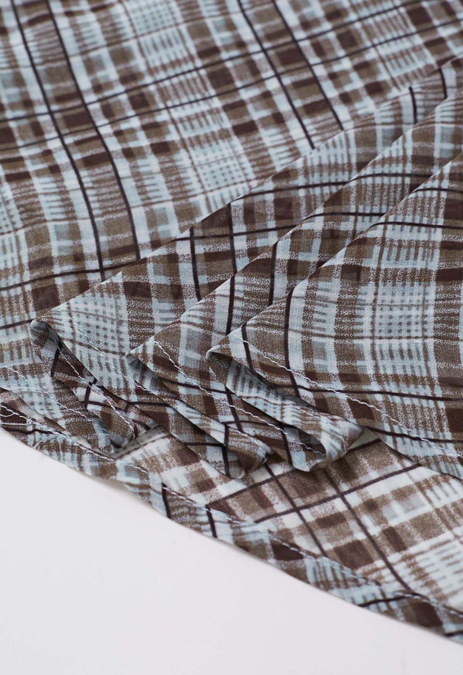 Flowy Plaid Panel Chiffon Flare Maxi Skirt in Blue