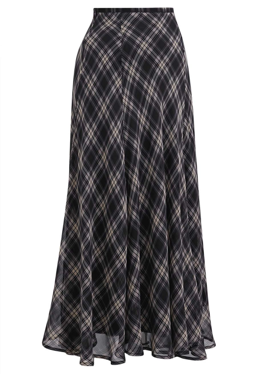 Flowy Plaid Panel Chiffon Flare Maxi Skirt in Black