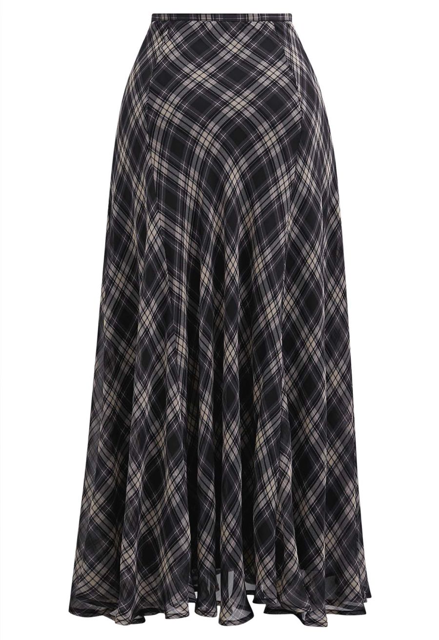 Flowy Plaid Panel Chiffon Flare Maxi Skirt in Black