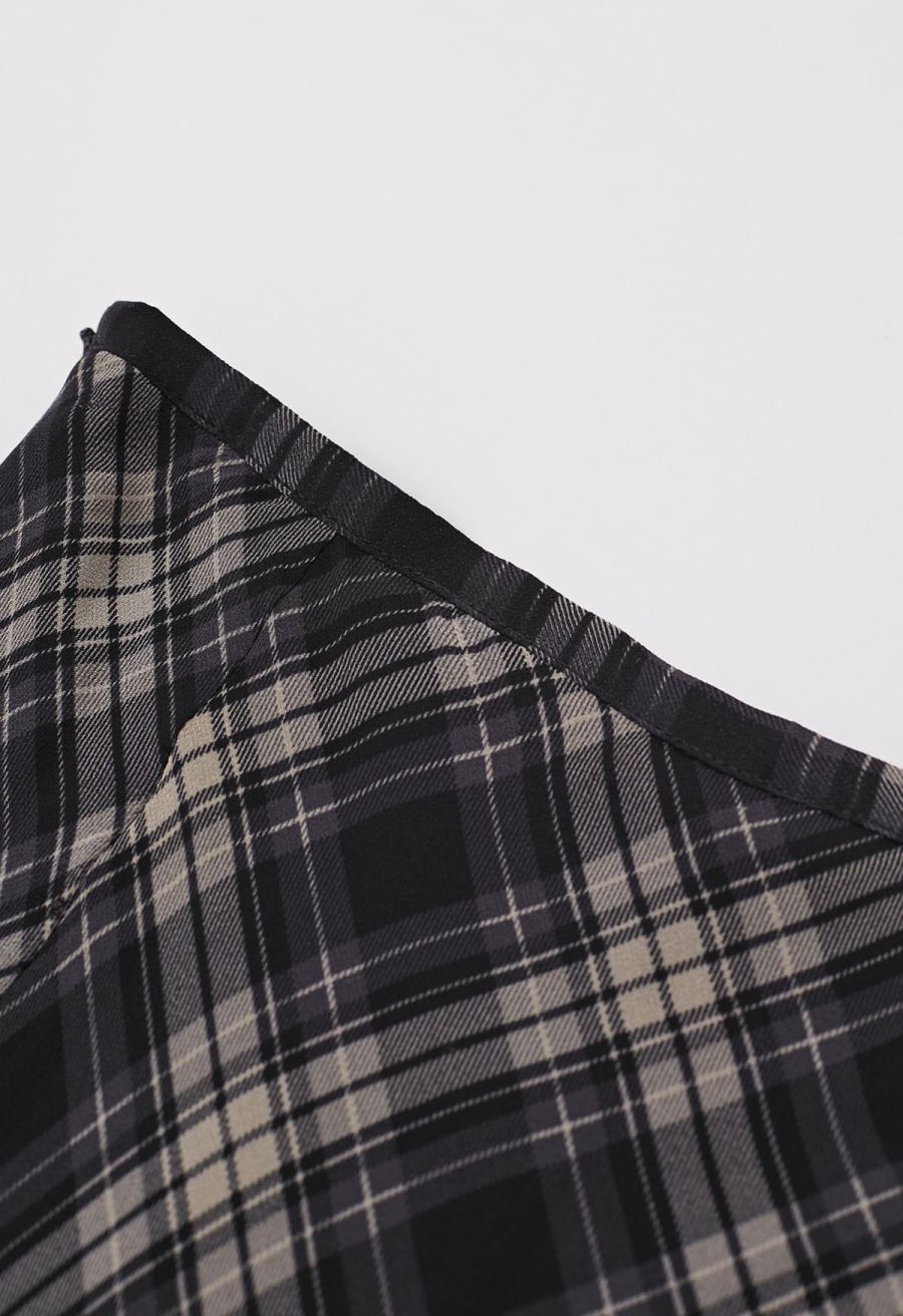 Flowy Plaid Panel Chiffon Flare Maxi Skirt in Black