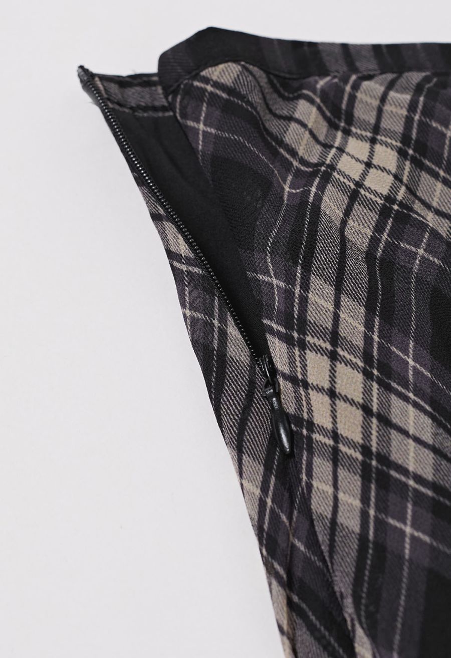 Flowy Plaid Panel Chiffon Flare Maxi Skirt in Black