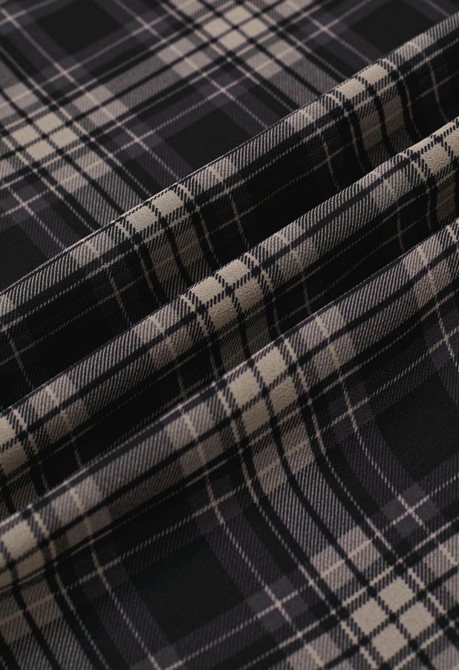 Flowy Plaid Panel Chiffon Flare Maxi Skirt in Black