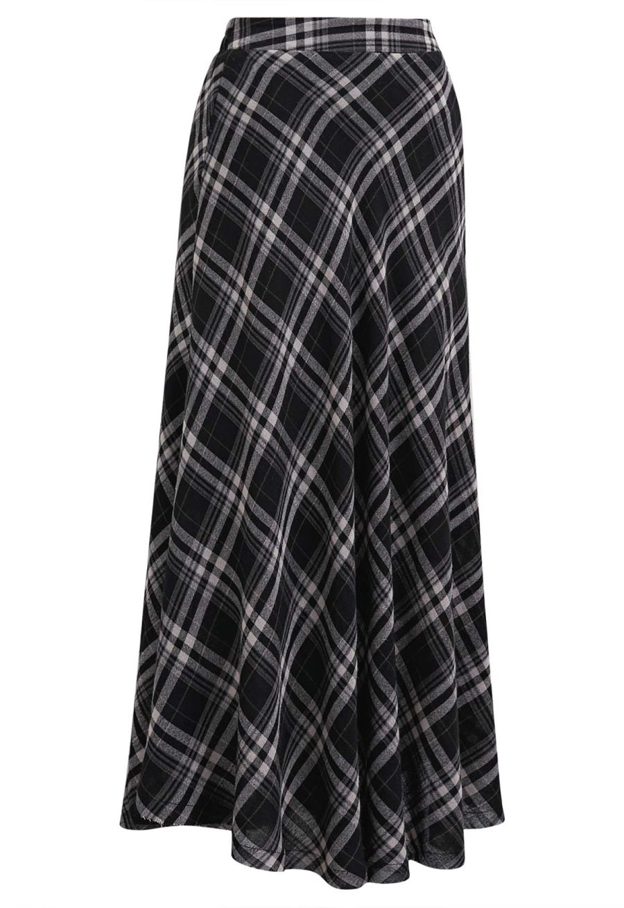 Plaid Charm Half Elasticated Waistband Maxi Skirt in Black