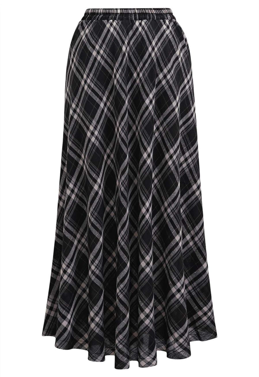 Plaid Charm Half Elasticated Waistband Maxi Skirt in Black