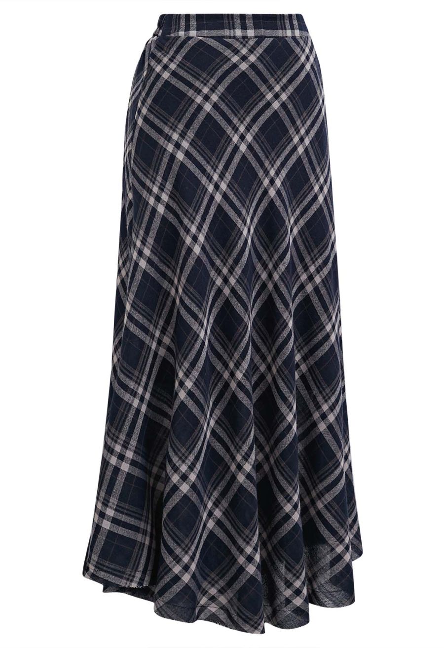 Plaid Charm Half Elasticated Waistband Maxi Skirt in Navy