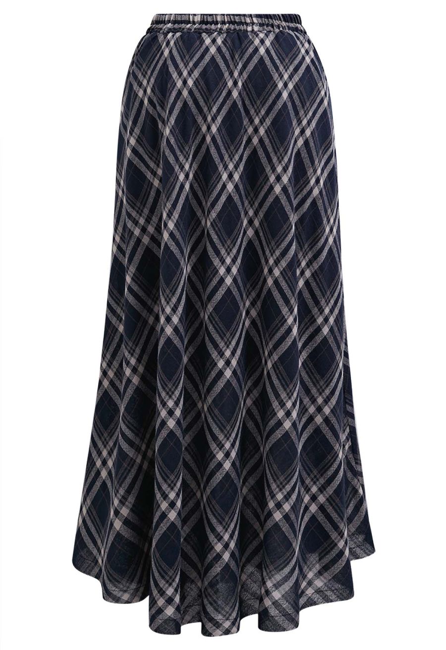 Plaid Charm Half Elasticated Waistband Maxi Skirt in Navy