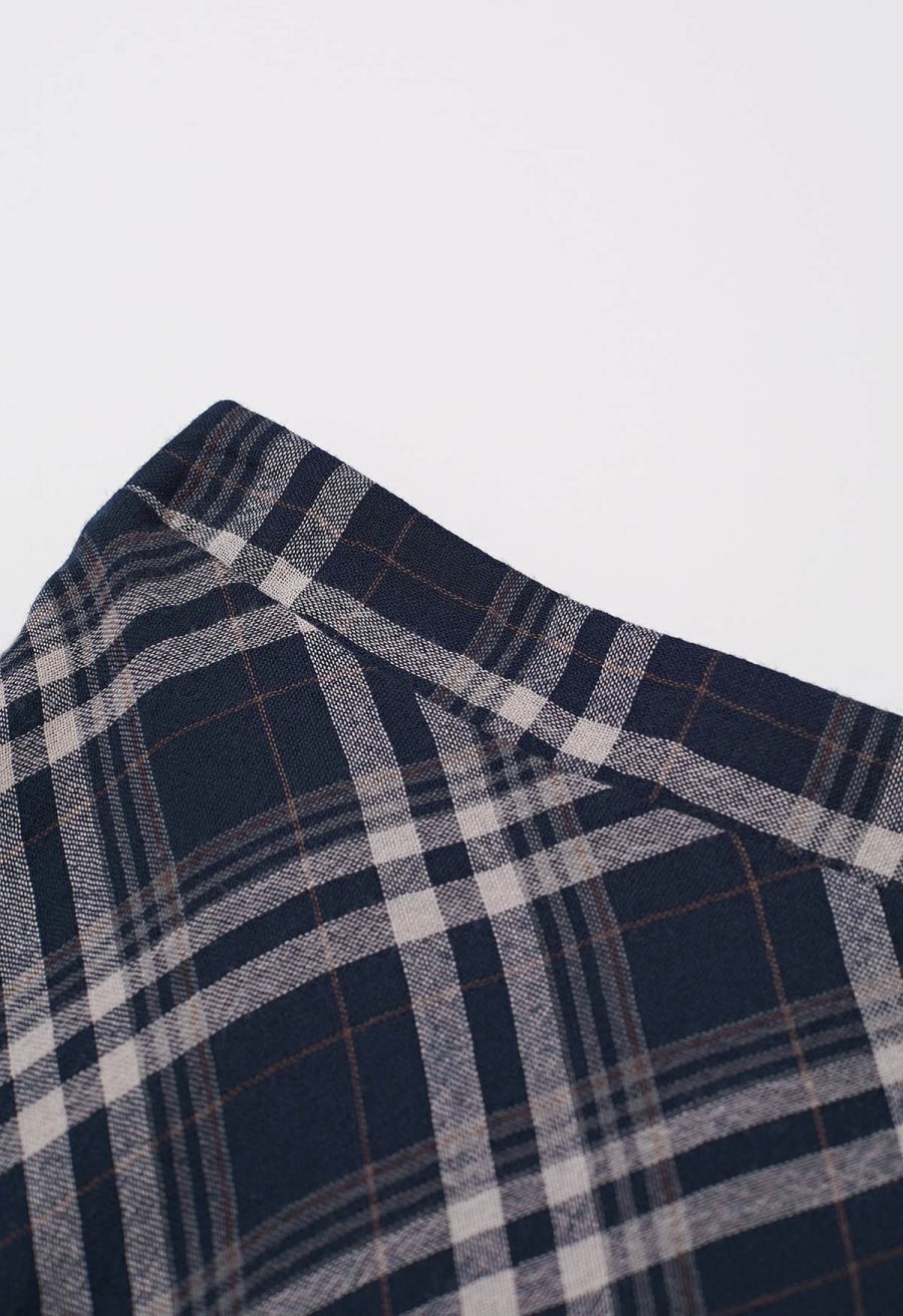 Plaid Charm Half Elasticated Waistband Maxi Skirt in Navy