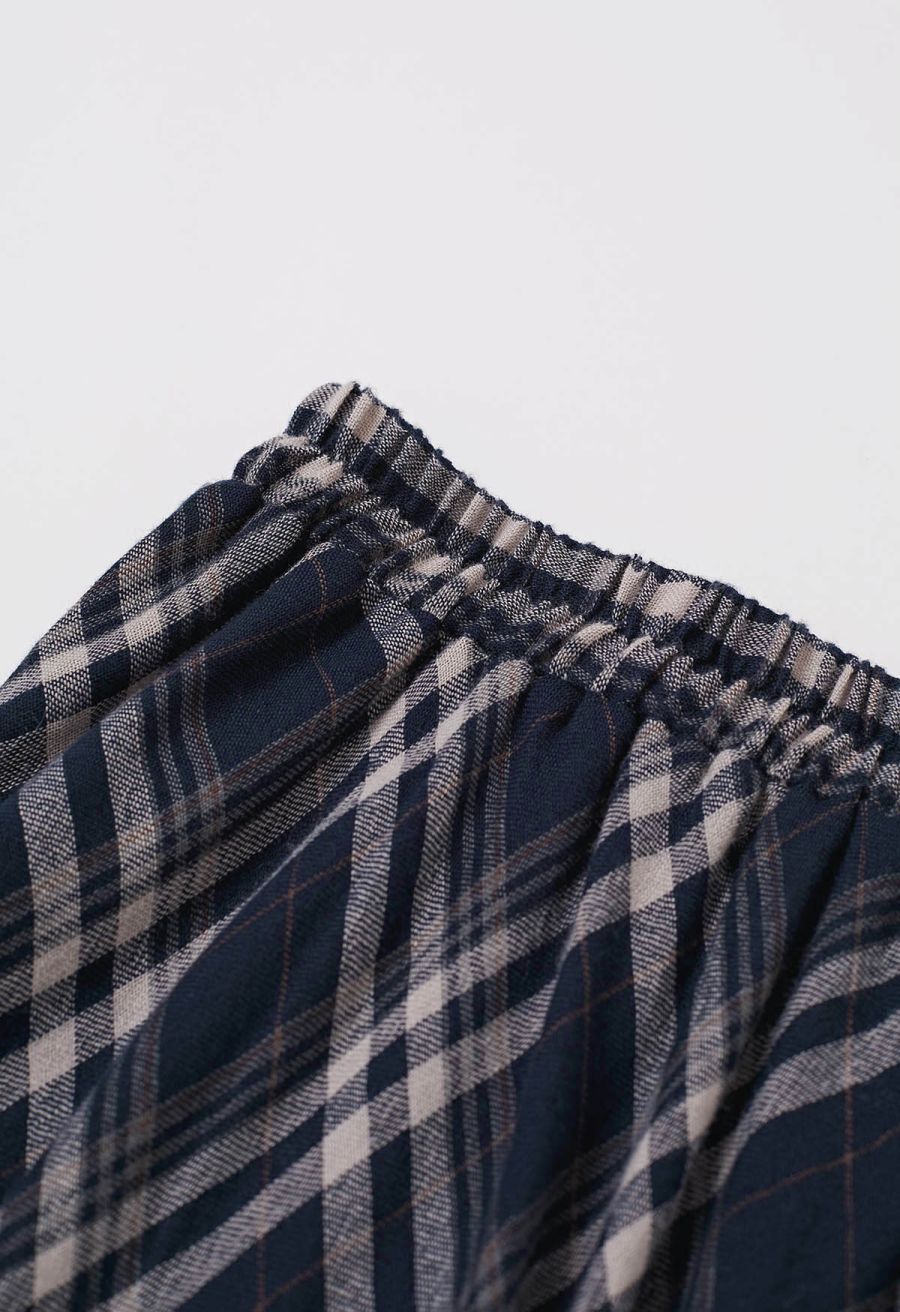 Plaid Charm Half Elasticated Waistband Maxi Skirt in Navy