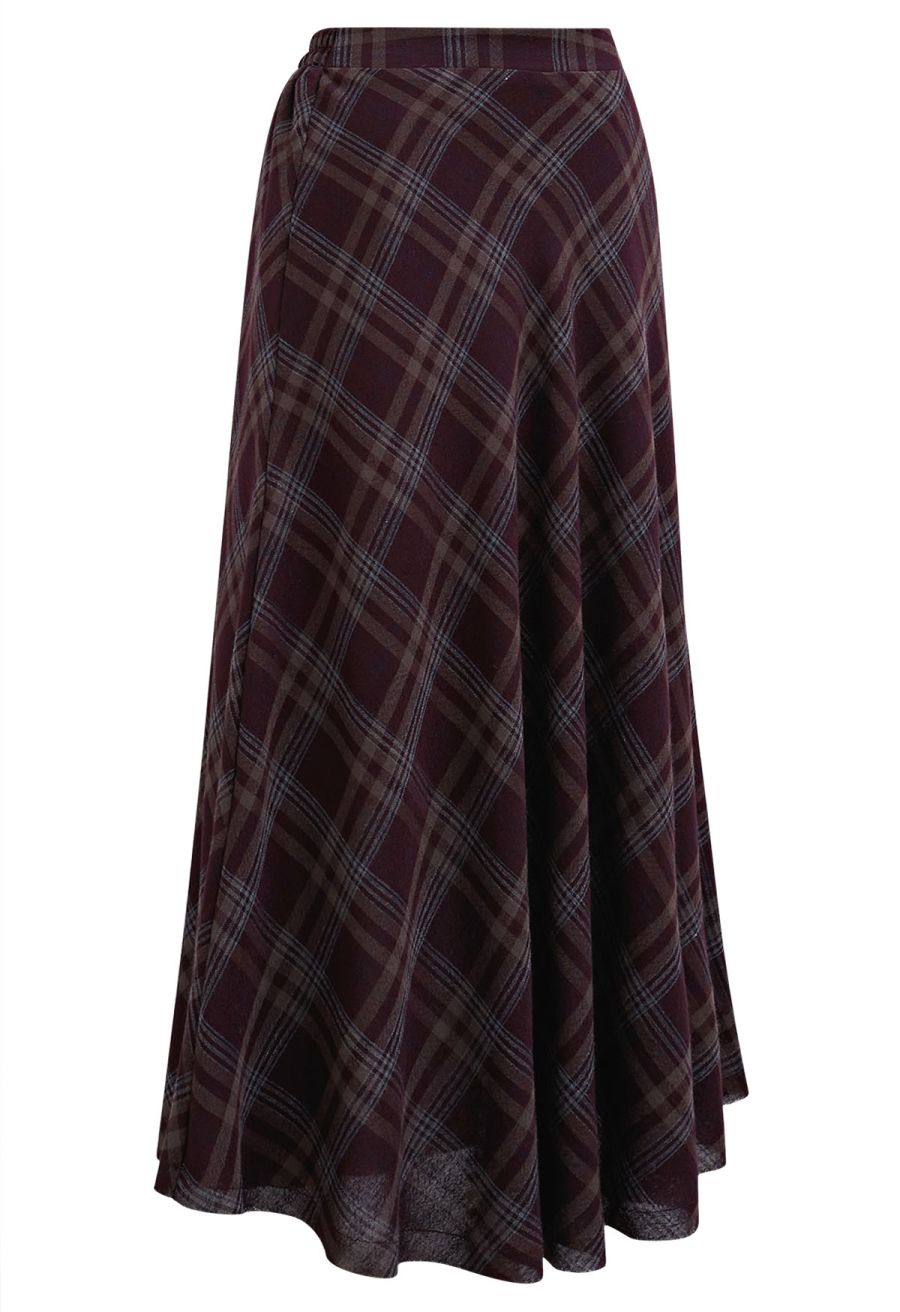 Plaid Charm Half Elasticated Waistband Maxi Skirt in Plum