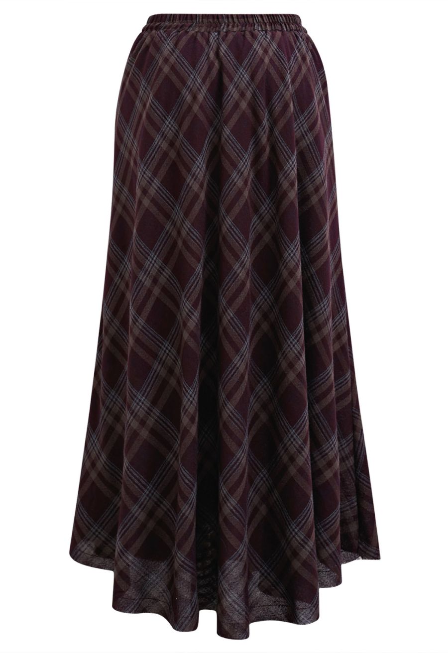 Plaid Charm Half Elasticated Waistband Maxi Skirt in Plum