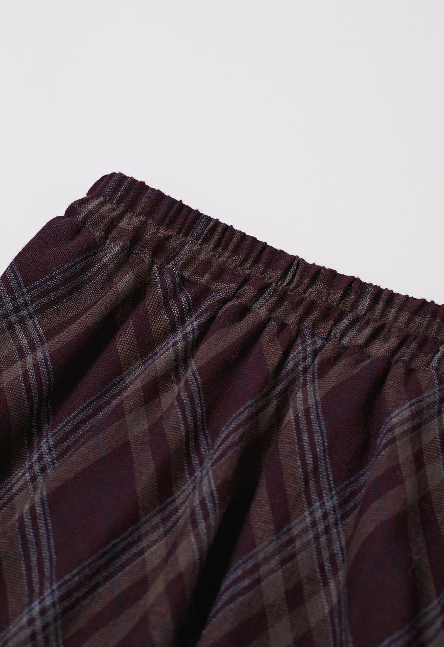 Plaid Charm Half Elasticated Waistband Maxi Skirt in Plum