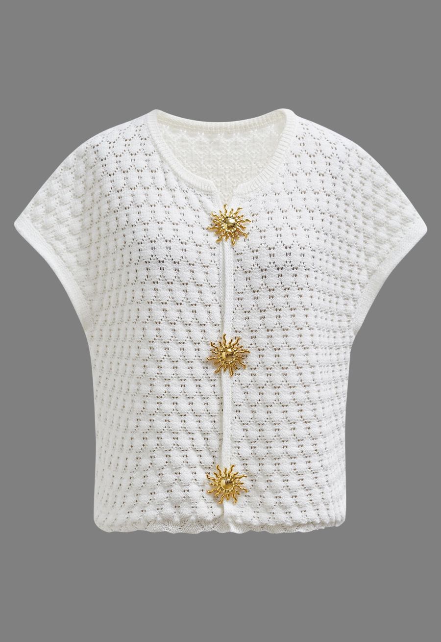 Sun-Inspired Button Pointelle Knit Top in White