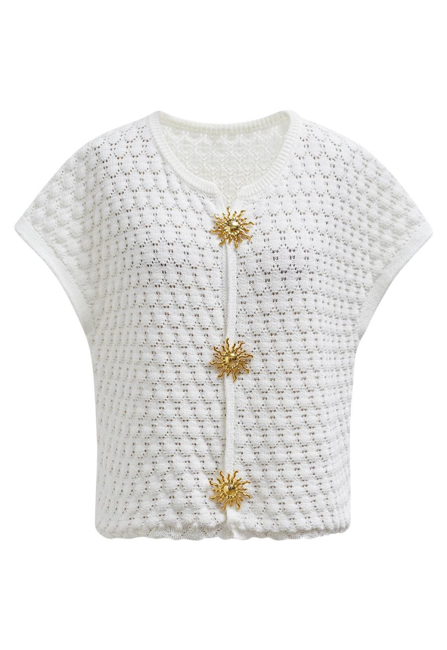 Sun-Inspired Button Pointelle Knit Top in White