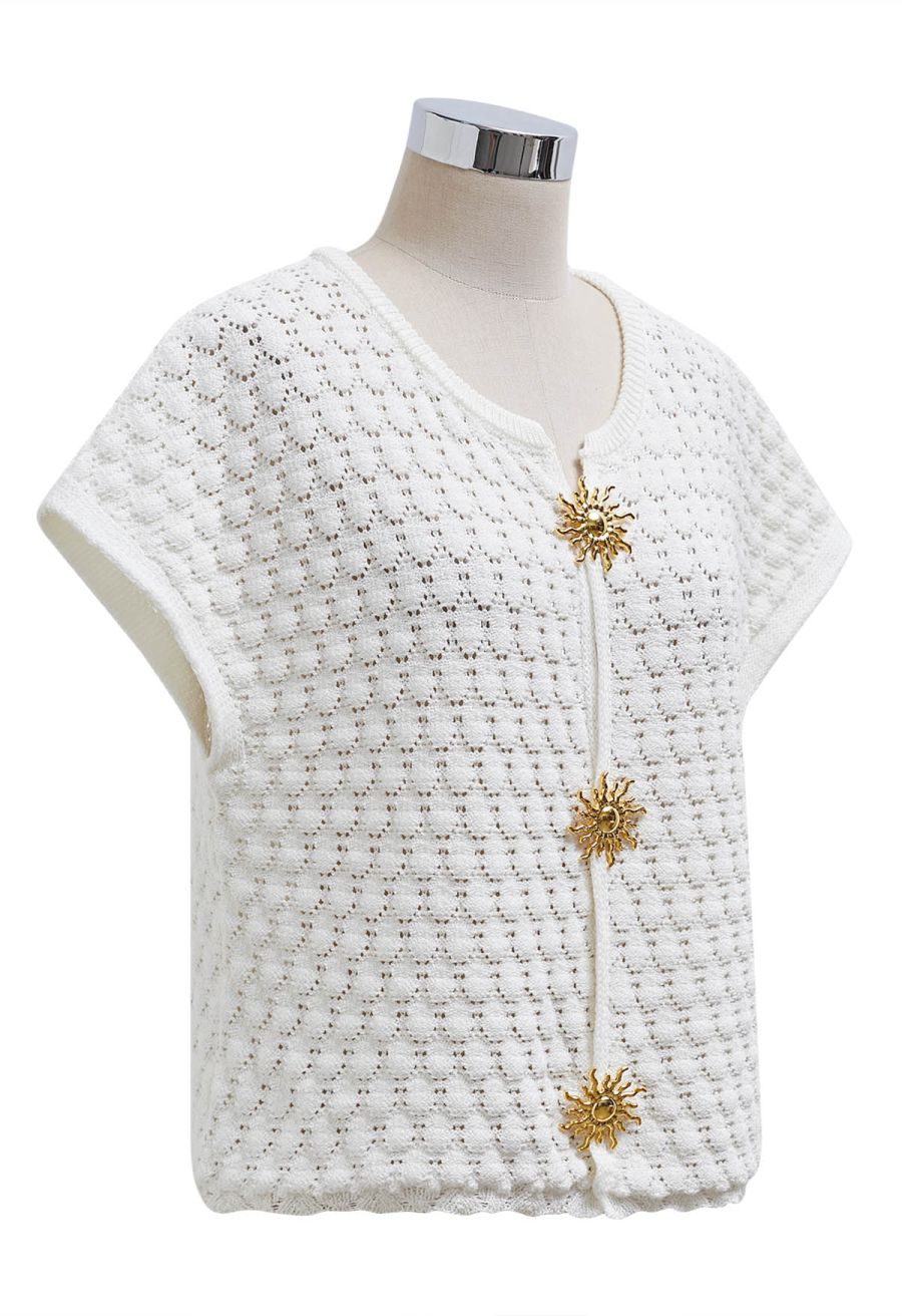 Sun-Inspired Button Pointelle Knit Top in White