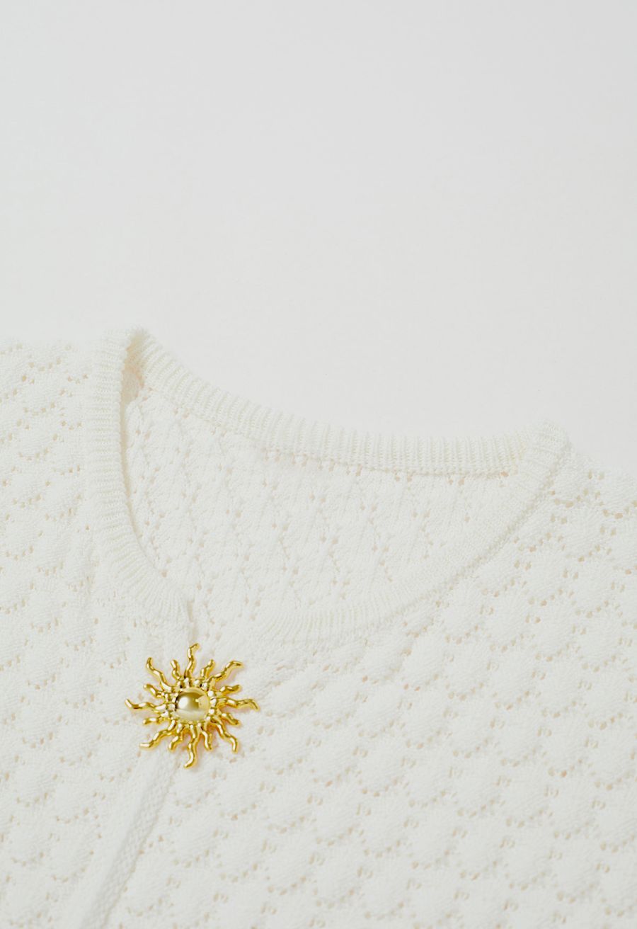 Sun-Inspired Button Pointelle Knit Top in White