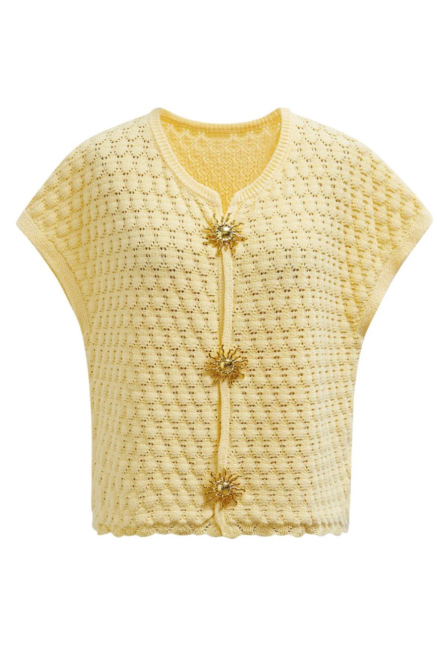 Sun-Inspired Button Pointelle Knit Top in Yellow