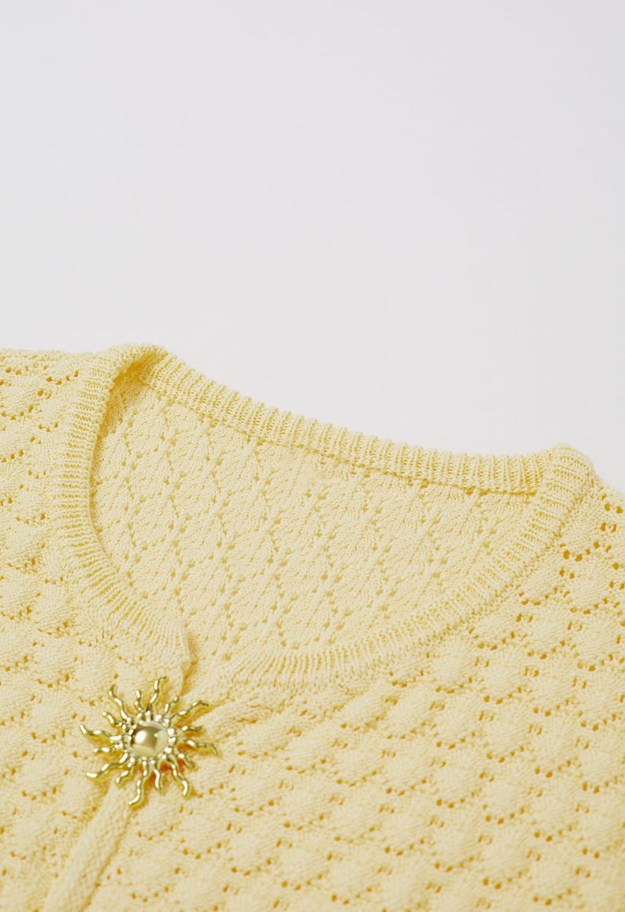 Sun-Inspired Button Pointelle Knit Top in Yellow
