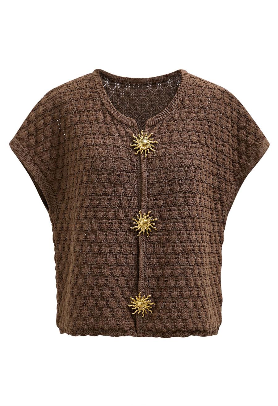 Sun-Inspired Button Pointelle Knit Top in Brown